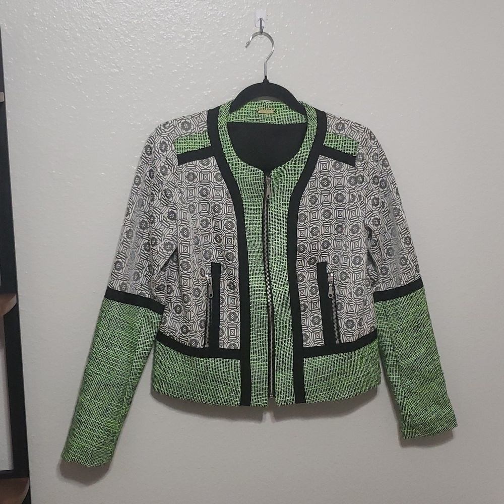 Rebecca Minkoff  Payton Travel Tweed Collarless Jacket, Neon Green/Black, Size 2 - Picture 4 of 16